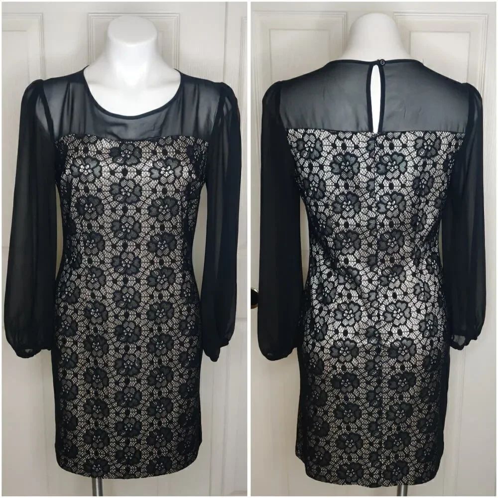 Sweet Storm floral lace eyelet sheath long sleeve dress sz L
